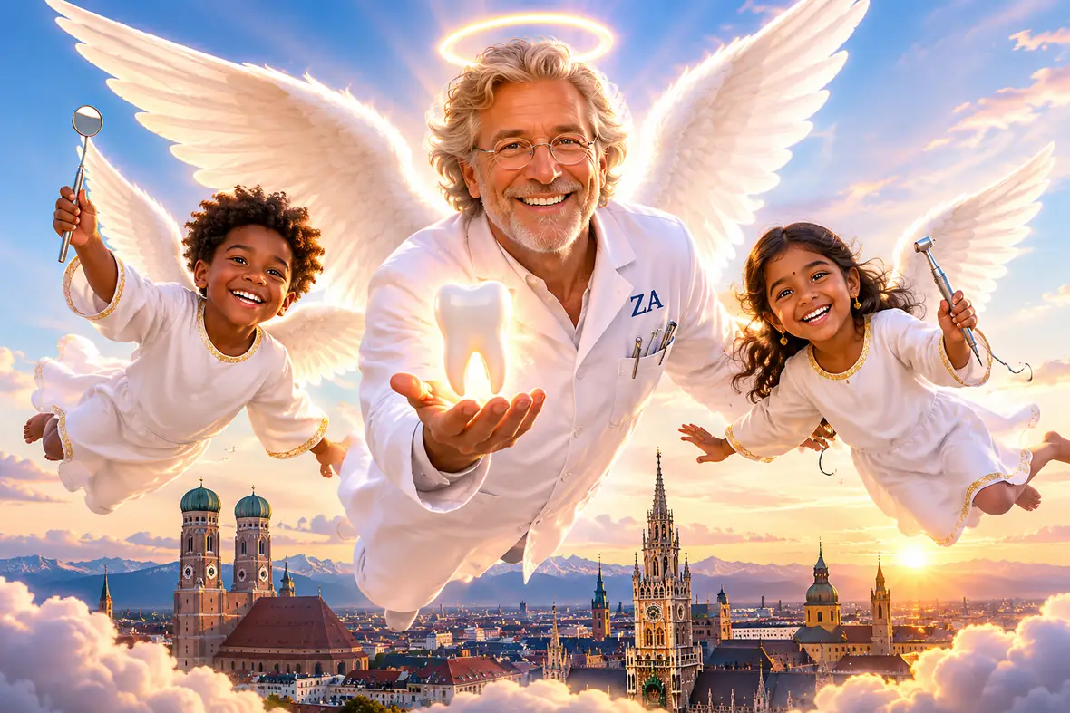 KI-generierter Zahnarzt mit Flügeln und zwei Engeln über der Münchner Skyline